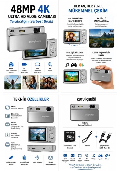 Magicool Dijital Kamera 4k Hd 48mp 8x Zoom Flaşlı Kayar Retro Video Kamera 2.4 Ekran 64gb Sd Kart Gümüş
