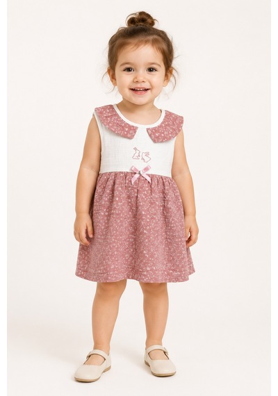 Babyhola Kız Bebek Müslin Sıfır Kol Yazlık Elbise 15234 Gül Kurusu