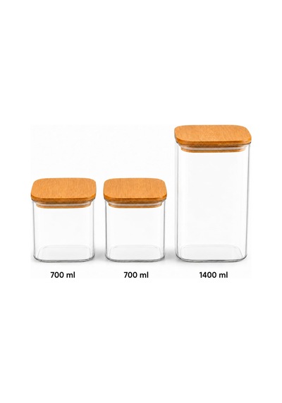 Vakumlu 3'lü Bambu Saklama Kabı Seti, 2800 Mililitre, Sert Dayanıklı, Hava İle Temas Etmez Sızdırmaz Kapak, Ahşap Kapaklı, 700ml X2 Ve 1400ml, Bpa İçermez