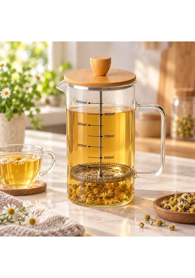 Bambu Kapaklı French Press, 1000 Ml Ölçülü Borosilikat Cam Filtre Kahve Ve Bitki Çayı Demliği, Cam Kulplu Diğer