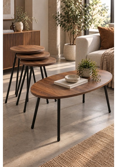 Sulorahome Ceviz Desenli Metal Ayaklı 4'lü Sehpa Seti