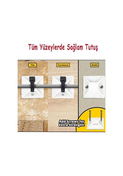 20x20 Yapışkan Kroşe 10 Adet - Vida Delikli Kablo Düzenleme Canble Mount