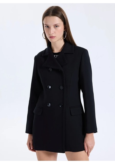 Sisley Viskoz Karışımlı Düğmeli Kruvaze Slim Fit Kaban Kadın Siyah Kaban - 325a2oualn05z