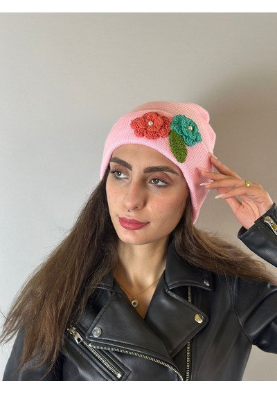 Gönülden Tasarım El Örgüsü Çiçek İşleme Kadın Bere Pembe