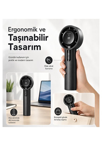100 Kademeli Dijital Göstergeli Şarjlı El Fanı Taşınabilir Yüksek Hızlı Mini Vantilatör Siyah