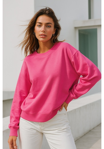 Kadın Pembe Pamuklu İnterlock Oversize Sweatshirt Pembe