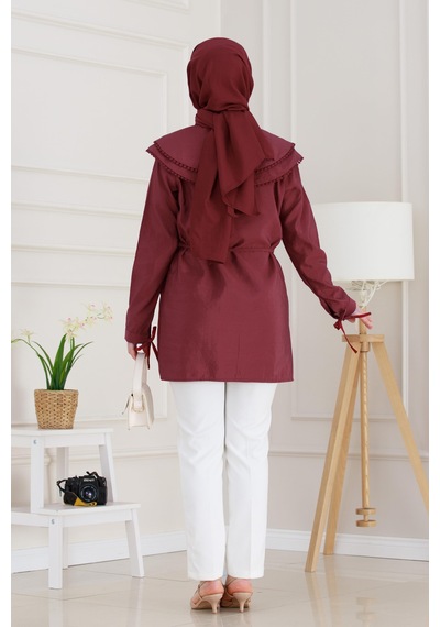 Sevitli Çift Yaka Dantelli Tunik-bordo-4982 Bordo