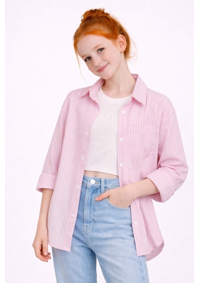 Ahengim Kız Çocuk Çizgili Taşı Crop Badili Gömlek Takım Ak2606 Pembe