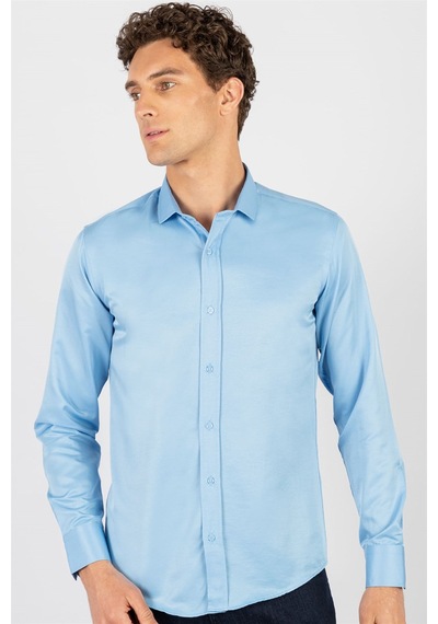 Tudors Modern Slim Fit Dar Kesim Düz Erkek Gömlek-23905 Mavi