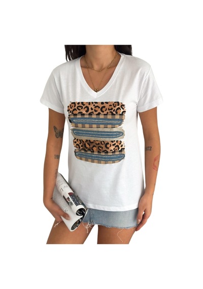 Cassime Kadın Leopar Desenli %100 Pamuk Beyaz V Yaka T-shirt