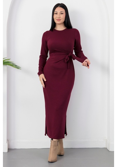 Kalopya Yandan Bağlamalı Yırtmaçlı Model Elbise Dks1136 Bordo