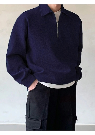 Genius Store Genıus Store Erkek Polo Yaka Oversize Sweatshirt Yarım Fermuar Sweatshirt Oversıze-sweatshırt Lacivert