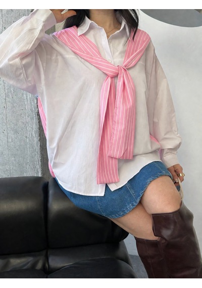 Ribana Kadın Atkı Detay Uzun Kollu Terry Cotton Çizgili Gömlek 3201 Pembe