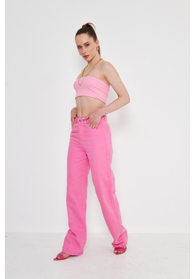 Kutaf Pembe Yuksek Bel Likrasız Palazzo Jean Pembe