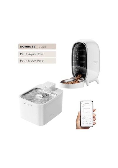 Petfit Aqua Flow Wifi Akıllı Bataryalı Otomatik Kedi Köpek Su Pınarı Çeşmesi Şelalesi+petfit Meow Pure 3l Wi-fi Kameralı Akıllı Otomatik Mama Kabı Besleme Ünitesi Bundle