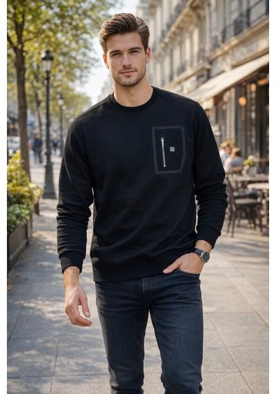Remsa Erkek Fermuar Detay Bisiklet Yaka Pamuklu Sweatshirt 24722 Siyah Siyah
