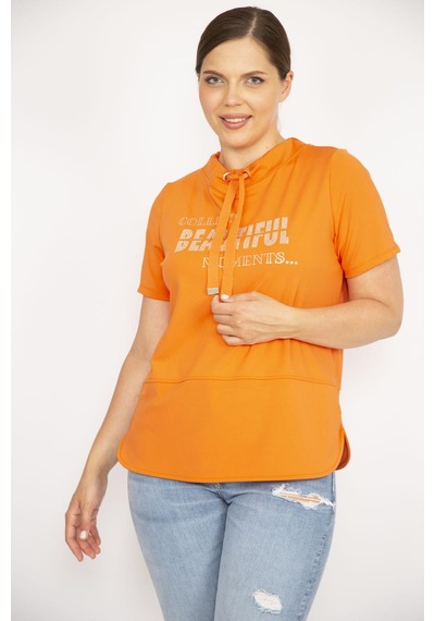 Şans Kadın Oranj Büyük Beden Yakası Kuşgözü Bağcık ve Taş Detaylı Sweatshirt-oranj Turuncu