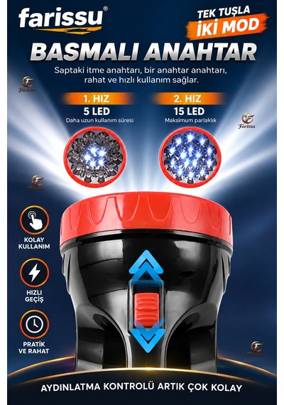 15 Led Şarj Edilebilir El Feneri Projektör 2 Kademeli Uzun Menzilli Güçlü Işıldak Siyah