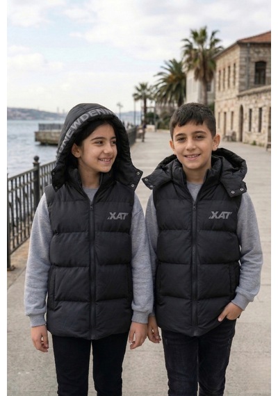 Pina Kids Unisex Çıtçıt Kapüşonlu Baskılı Şişme Yelek Siyah