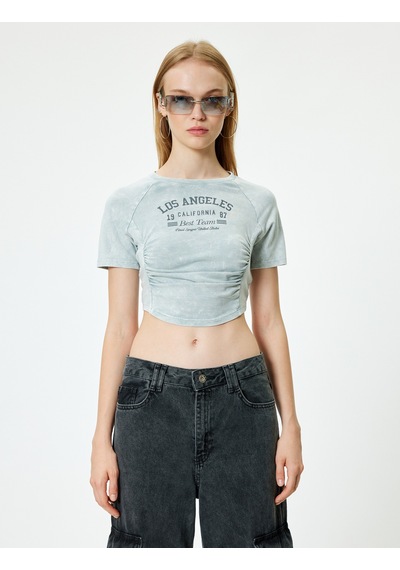 Koton Crop Tişört Büzgü Detaylı Kolej Baskılı Yıkamalı Kısa Kollu Slim Fit Gri 4sal11092ık Gri