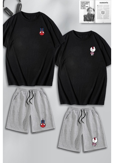 Unisex Kadın Erkek Hello Kitty Spiderman Baskılı Sevgili Çift Kombini Tasarım Oversize Tshirt V Şort Siyah Gri Mck0296 Siyah Gri
