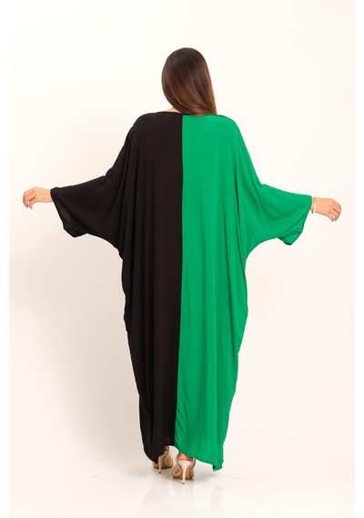 Keyifli Moda Kadın Yeşil Siyah Garnili V Yaka Eteği Nakışlı Cepli Oversize Uzun Elbise - Yesıl Yeşil