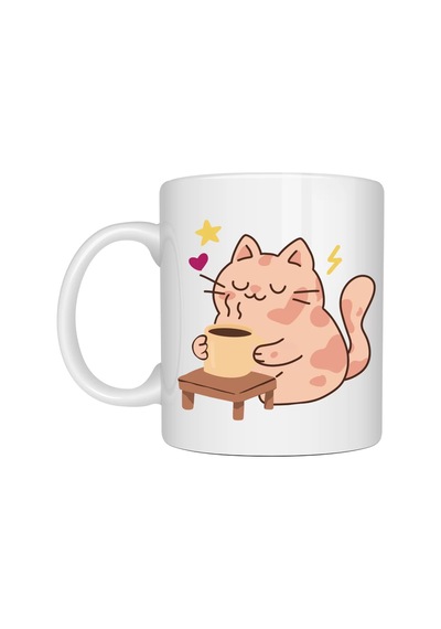Sevimli Kedi Tasarımlı Porselen Kupa Model 196 Kahve İçen Kedi Baskılı Porselen Kahve Kupası Kedi Severlere Hediyelik Porselen Kupa Bardak 330 Ml Diğer