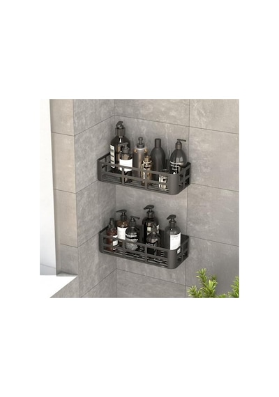 Siyah Yapışkanlı Banyo Duş Rafı - 2'li Set İle Matkapsız Montaj Aahşap