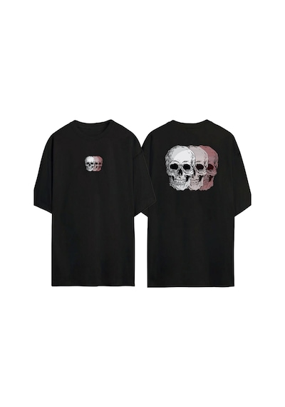 Thewert Unisex Üç Kuru Kafa Ön Arka Baskılı Sıyah Oversize T-shirt Siyah