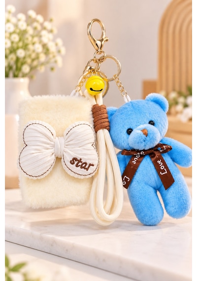 Peluş Fiyonk Detaylı Cep Aynası Anahtarlık Ve Peluş Ayıcık Set Kawaii Çanta Charmı Makyaj Aynası-b Çok Renkli