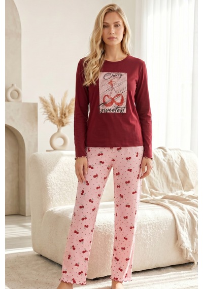 Siyah İnci Pamuklu Likralı Bisiklet Yaka Örme Pijama Takım26240288 Bordo