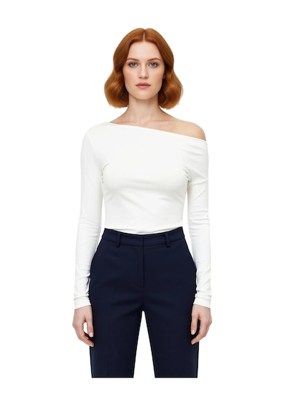 Ersefa Moda Kayık Yaka Örme Slim Çizgili Desen Casual Günlük Regular Uzu Ekru