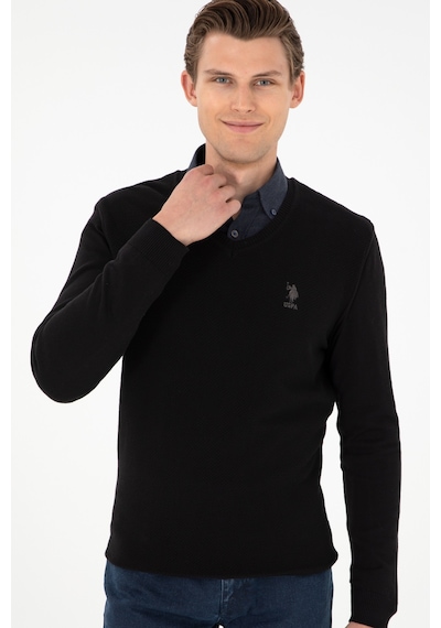 U.S. Polo Assn. Erkek Slim Fit V Yaka Siyah Basic Kazak 50288886-VR046