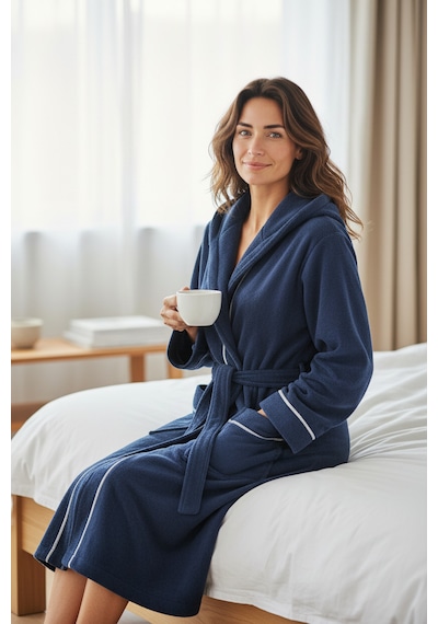 % 100 Pamuklu Laodikeia Kapşonlu Unisex Kadın Erkek Bornoz Lacivert