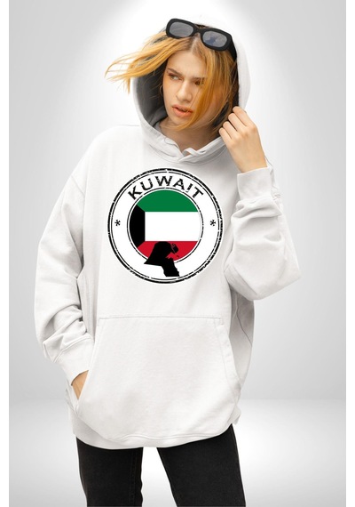 Kuveyt Bayrağı Kadın Erkek Beyaz Kapüşonlu Sweatshirt Hoodie Beyaz