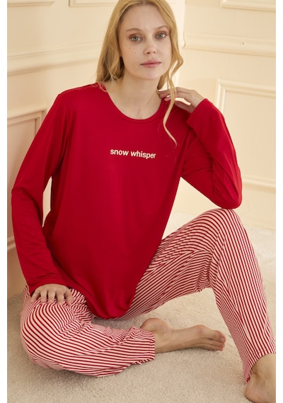 Mihra Kadın Pijama Takımı Uzun Kol Mevsimlik Kırmızı