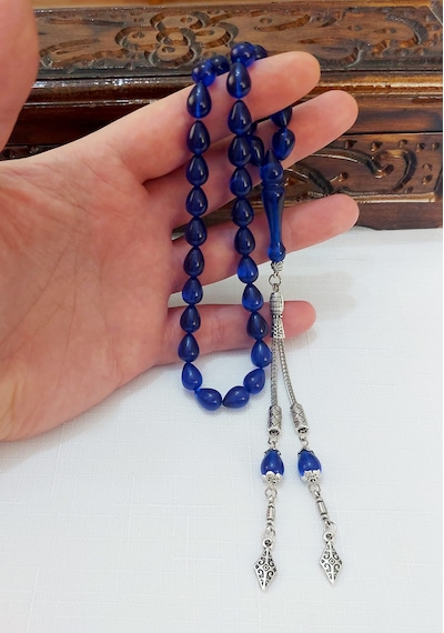 Gözyaşı Damla Model Çift Yedekli Mavi Ateş Kehribar Tesbih... Ölçü: 8x11 Mavi