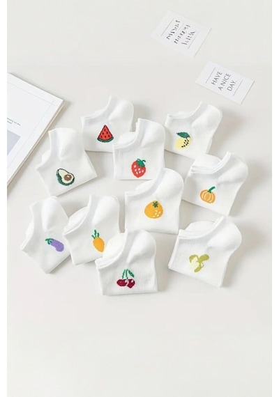 Hitit Socks Kadın 10 Çift Premium Kalite Pamuklu Meyve Desenli Babet Çorap ASORTİ