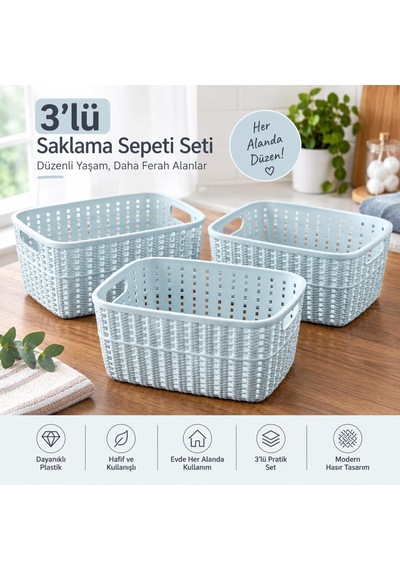Selka Home Küçük Boy 3 Lü Örgü Desenli Saklama Sepeti Mavi