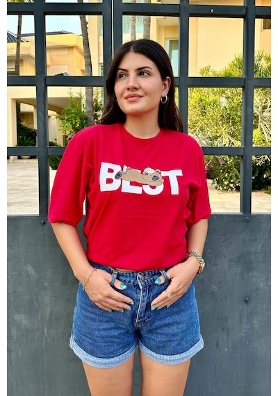 Kırmızı Renk Best Baskı Ayıcık Desenli Unisex Oversize T-shirt Kırmızı