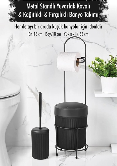 Metal Standlı Yuvarlak Kovalı & Kağıtlıklı & Fırçalıklı Siyah Banyo Takımı Renkli