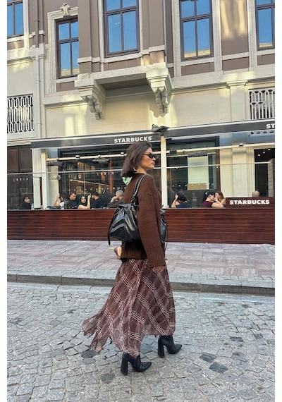 Asur Boutique Asur Butik Kadın Asimetrik Kesim Şifon Astarlı Etek Kahverengi