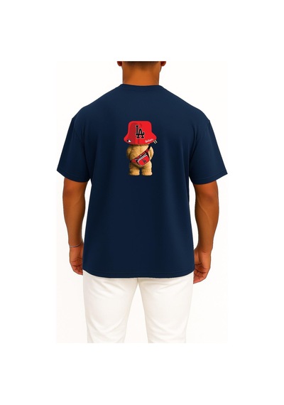 Bahriyeli Collection Oversize Oso Teddy Bear La Los Angeles Cep Ve Sırt Baskılı Unisex T-shirt Lacivert