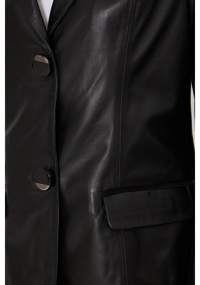 M M Marki Marki Kadın Hakiki Deri Blazer Ceket - Siyah, Düğme Kapamalı, Fit Kesim, 67 Cm - 116722