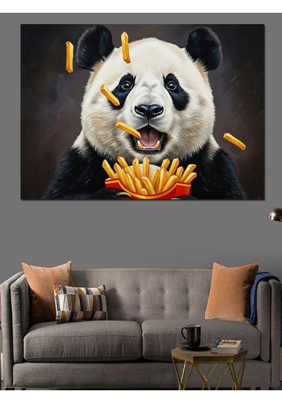 Patates Kızartması Yiyen Komik Panda Dekoratif Kanvas - Mdf Ahşap Tablo