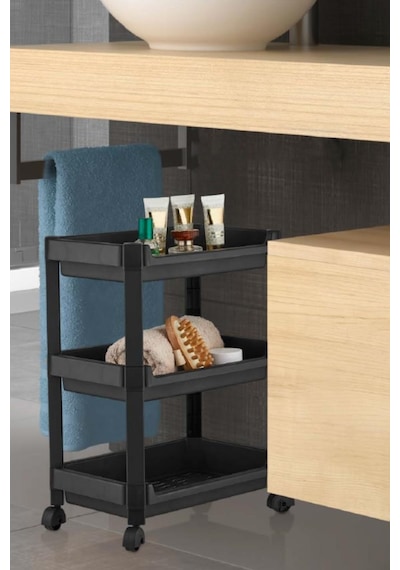 Flosoft 3 Katlı Tekerlekli Düzenleyici Raf, Mutfak Banyo Temizlik Katlı Organizer 22x36x48cm Siyah Siyah