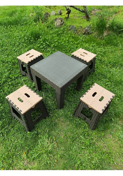 Evko Mobilya Kamp Seti, Piknik Seti, Masa Tabure Seti, Portatif Set, Plastik Katlanabilir Set, 4 + 1 Set Kahverengi