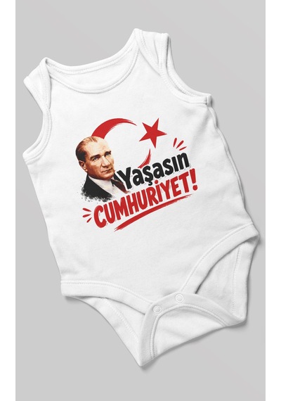Morivokids Yaşasın Cumhuriyet Sıfır Kol Bebek Body %100 Pamuk Beyaz