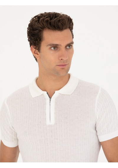 Beyaz Slim Fit Polo Yaka Triko T-shirt