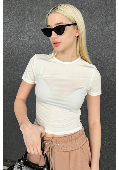 Beyaz Bisiklet Yaka Kısa Kollu Basic Tişört Mg1826 Beyaz
